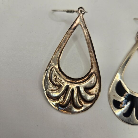 Vintage Taxco Mexican Sterling Silver & Black Enamel Teardrop Earrings - Picture 4 of 4